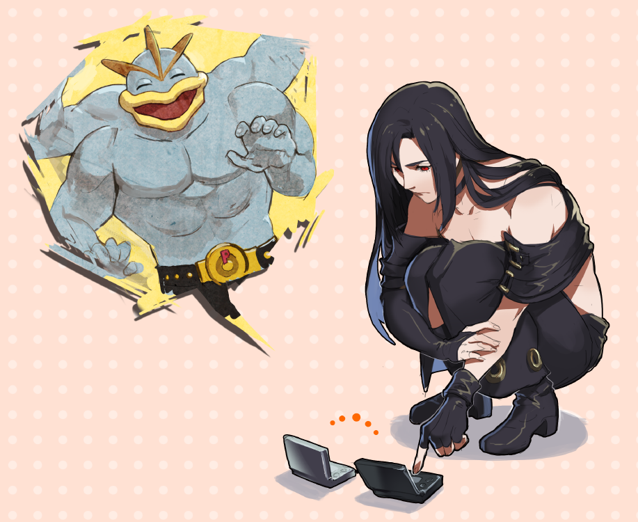 1boy asymmetrical_gloves bare_shoulders black_clothes black_footwear black_hair boots colored_skin crossover extra_arms eyelashes gen_1_pokemon gloves grey_skin guilty_gear handheld_game_console kyo_niku machamp nintendo_ds pale_skin pokemon pokemon_(game) red_eyes skirt squatting testament_(guilty_gear)