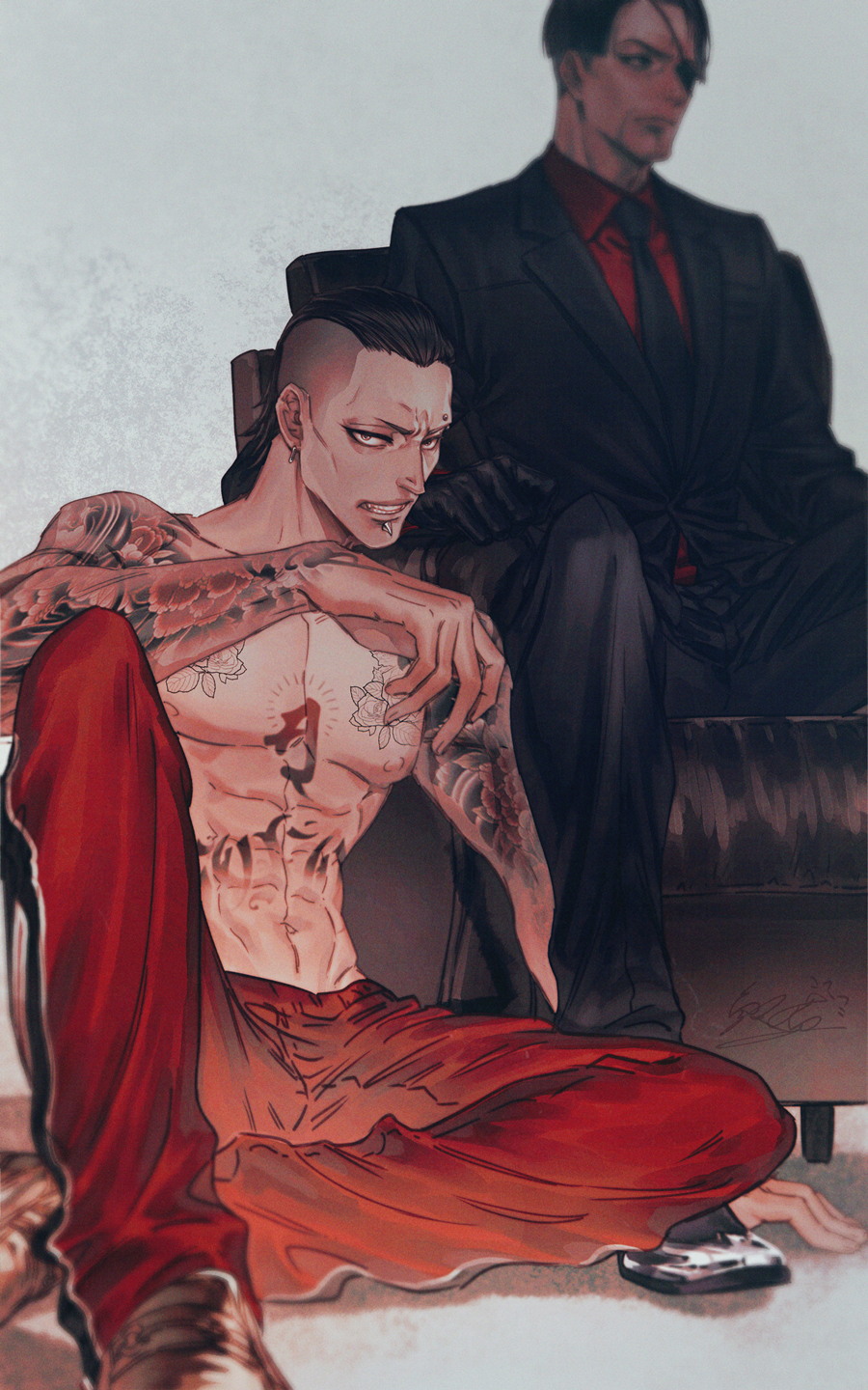 2boys arm_tattoo black_eyepatch black_gloves black_hair black_jacket black_neckwear black_suit brown_footwear chair eyebrow_piercing eyepatch facial_hair flower_tattoo formal gloves goatee hair_slicked_back highres jacket jiao_mao leather leather_gloves majima_gorou minami_daisaku mohican multiple_boys necktie pants piercing red_pants ryuu_ga_gotoku ryuu_ga_gotoku_4 shirtless shoes solo_focus sweatpants tattoo