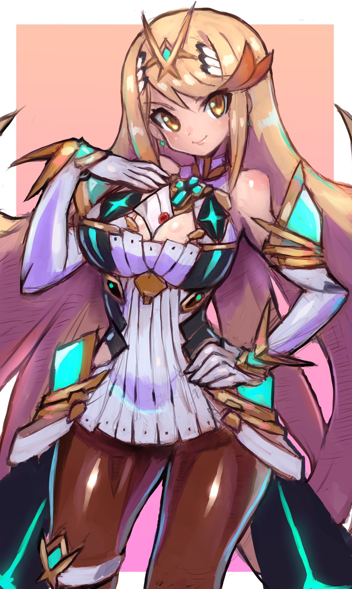 1girl bangs bare_shoulders between_breasts black_legwear blonde_hair border breasts chest_jewel cleavage_cutout clothing_cutout cowboy_shot dakusuta dress earrings elbow_gloves gloves highres jewelry large_breasts long_hair looking_at_viewer mythra_(xenoblade) pantyhose pink_background short_dress smash_invitation solo super_smash_bros. swept_bangs thigh_strap tiara very_long_hair white_border white_dress white_gloves xenoblade_chronicles_(series) xenoblade_chronicles_2 yellow_eyes