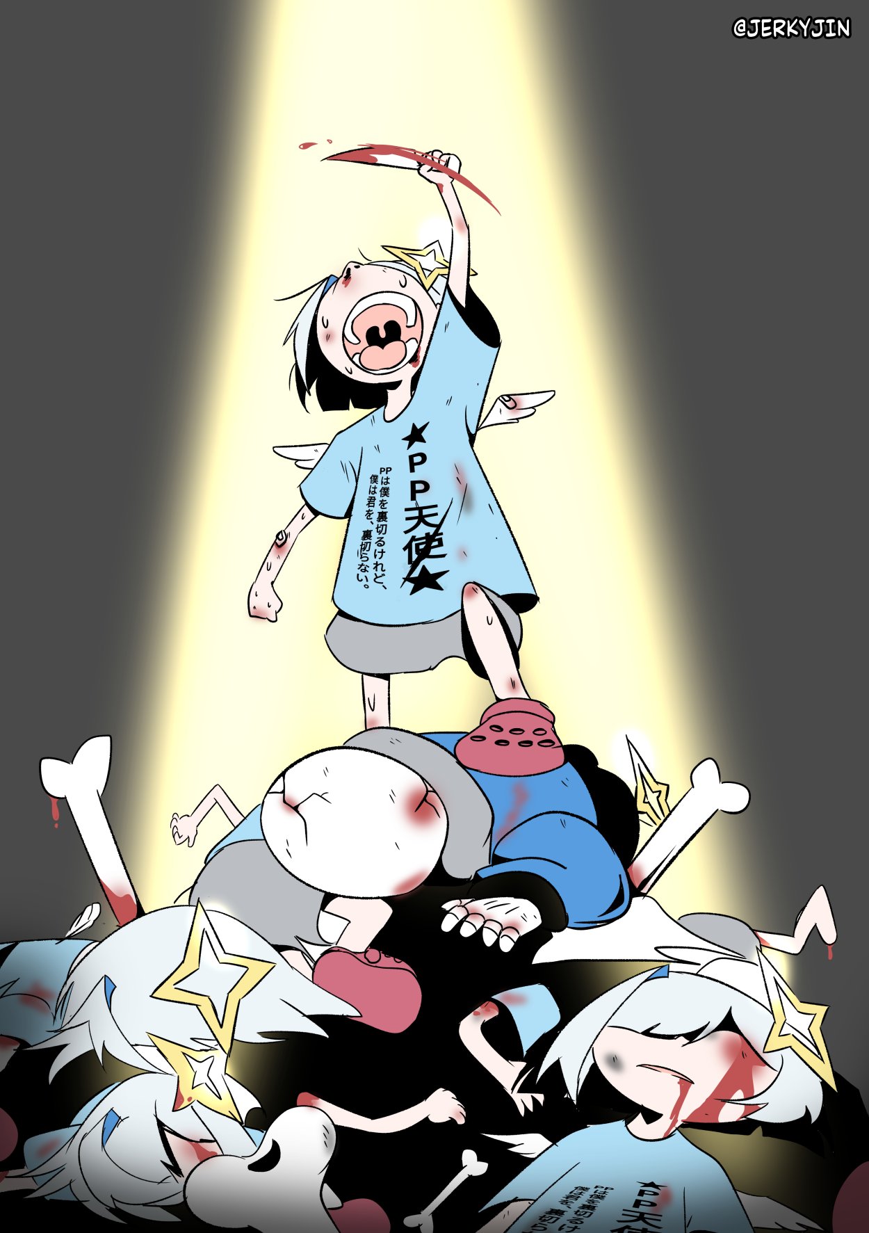 amane_kanata angel_wings blood blood_from_mouth blood_on_face bloody_clothes bone casual corpse crack crocs halo highres hololive injury jerkyjin knife open_mouth pp_tenshi_t-shirt sans shirt spotlight sweat t-shirt twitter_username undertale wings