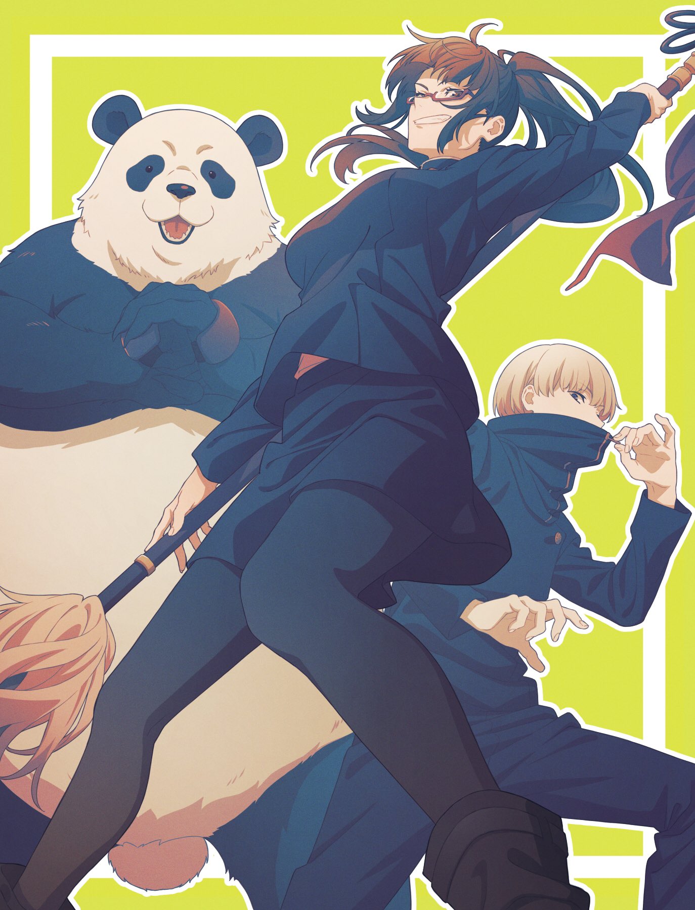 1boy 1girl animal bangs black_eyes black_footwear black_hair black_jacket black_legwear black_pants black_skirt blunt_bangs breasts feet_out_of_frame gakuran glasses green_background grin high_collar highres holding holding_polearm holding_weapon inumaki_toge jacket jujutsu_kaisen long_sleeves medium_breasts panda panda_(jujutsu_kaisen) pants pantyhose polearm ponytail school_uniform shoes short_hair silver_hair simple_background skirt smile standing tsuu_(tu-3) weapon zenin_maki