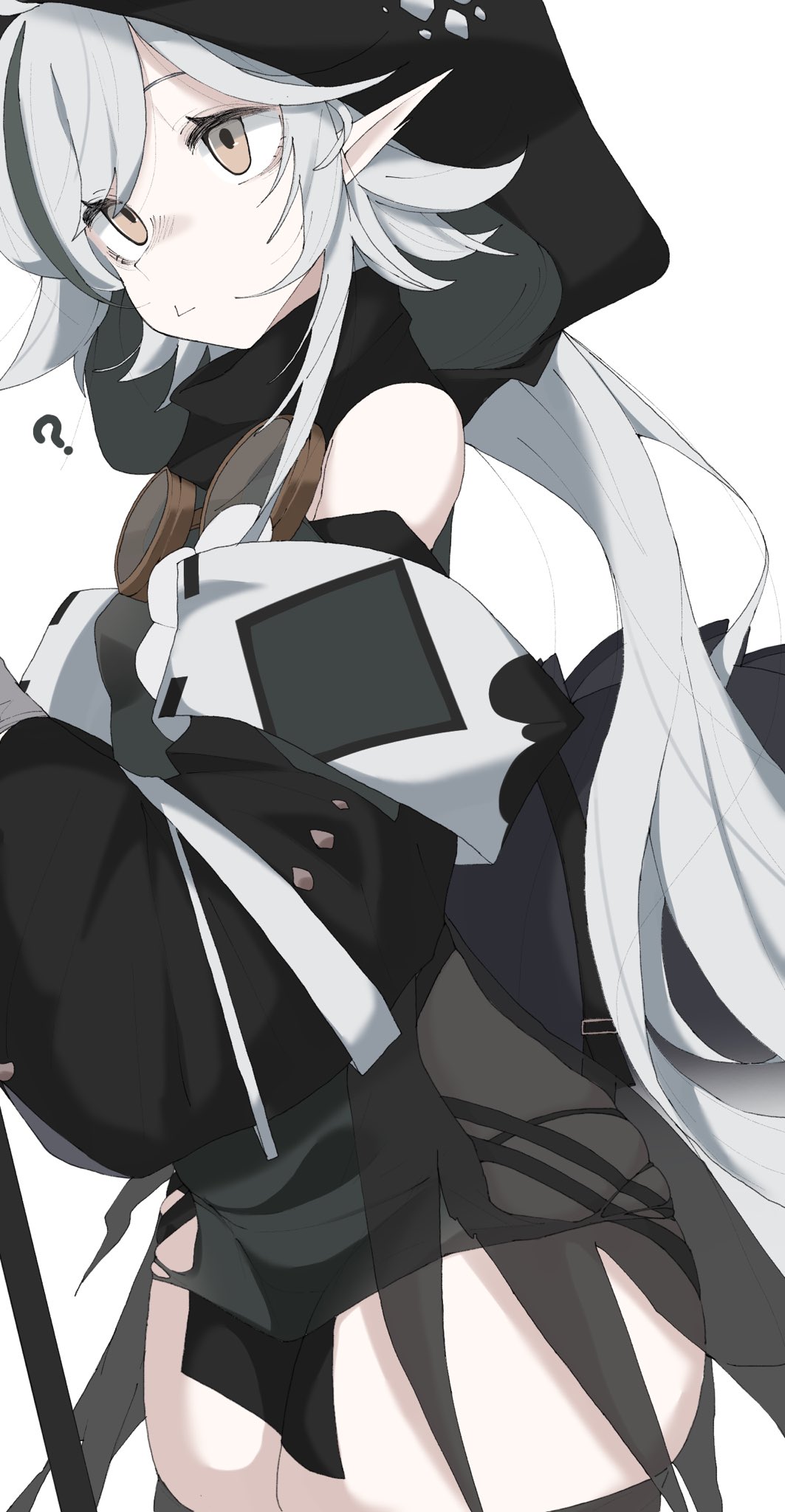 1girl ? arknights black_sleeves brown_eyes cowboy_shot detached_sleeves dutch_angle green_hair grey_hair highres holding holding_staff hood hood_up multicolored_hair pelvic_curtain pointy_ears see-through signal_1120 skindentation solo staff standing streaked_hair thighs tomimi_(arknights) white_background
