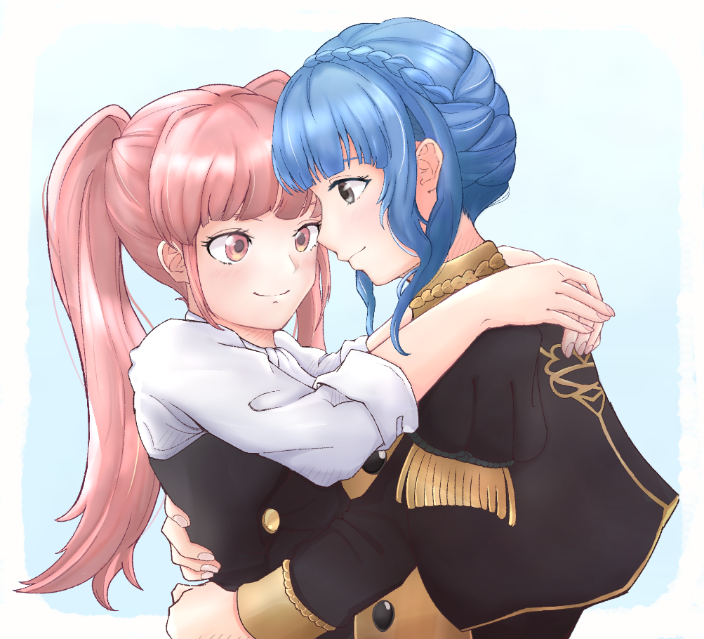 2girls bangs black_jacket blue_background blue_hair braid brown_eyes commentary crown_braid fire_emblem fire_emblem:_three_houses from_side garreg_mach_monastery_uniform hilda_valentine_goneril hug jacket long_hair long_sleeves marianne_von_edmund multiple_girls pink_eyes pink_hair profile shirt short_hair smile teru_(guzzlord_7074) twintails upper_body white_shirt yuri