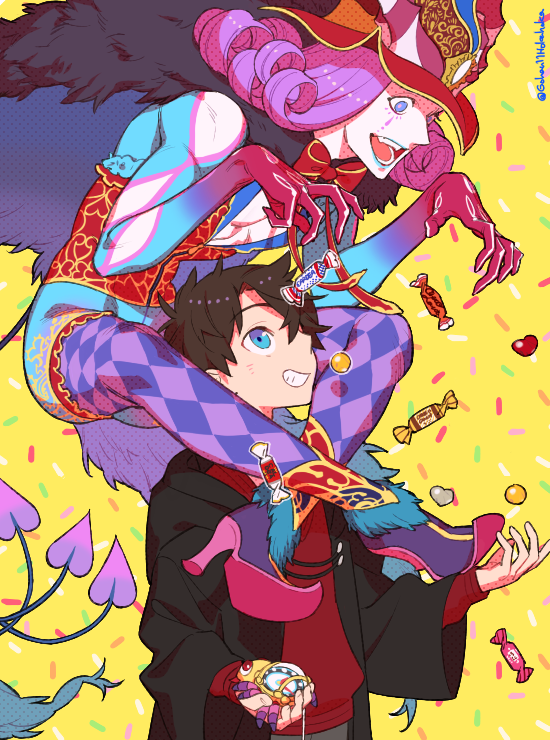 2boys argyle argyle_legwear black_hair blue_eyes blue_lips candy cape carrying center_opening colored_skin colorful confetti crossed_legs curly_hair demon_boy fate/grand_order fate_(series) food fujimaru_ritsuka_(male) fur-trimmed_cape fur_collar fur_trim gao grin hat headpiece high_heels horns long_sleeves makeup male_focus medium_hair mephistopheles_(fate) multicolored multicolored_background multicolored_eyes multiple_boys multiple_tails open_mouth pantyhose piggyback purple_hair red_shirt sara_(kurome1127) shirt short_hair smile tail teardrop thick_eyebrows tick_tock_bomb twitter_username unzipped violet_eyes white_skin wide_sleeves yellow_background