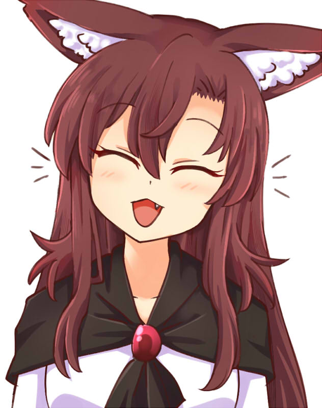 1girl ^_^ animal_ear_fluff animal_ears bangs brooch brown_hair closed_eyes eyebrows_visible_through_hair fang hair_between_eyes happy head_tilt imaizumi_kagerou jewelry long_hair open_mouth simple_background smile solo touhou upper_body white_background wolf_ears wool_(miwol) |d