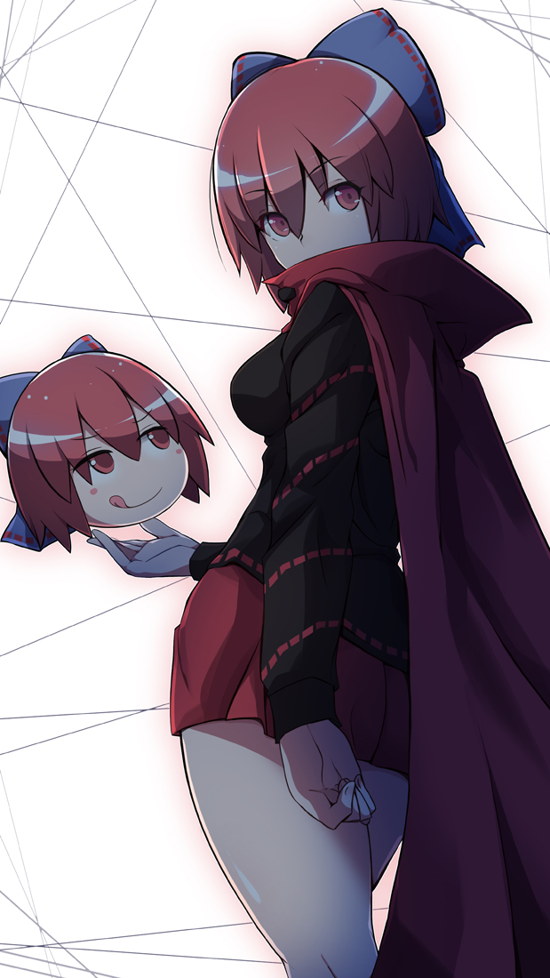 1girl :q bangs black_shirt blue_bow bow breasts cape commentary_request cowboy_shot disembodied_head hair_bow high_collar long_sleeves looking_at_viewer looking_back medium_breasts miniskirt otoufu_(wddkq314band) red_cape red_eyes red_skirt redhead sekibanki shirt short_hair skirt smile solo tongue tongue_out touhou white_background