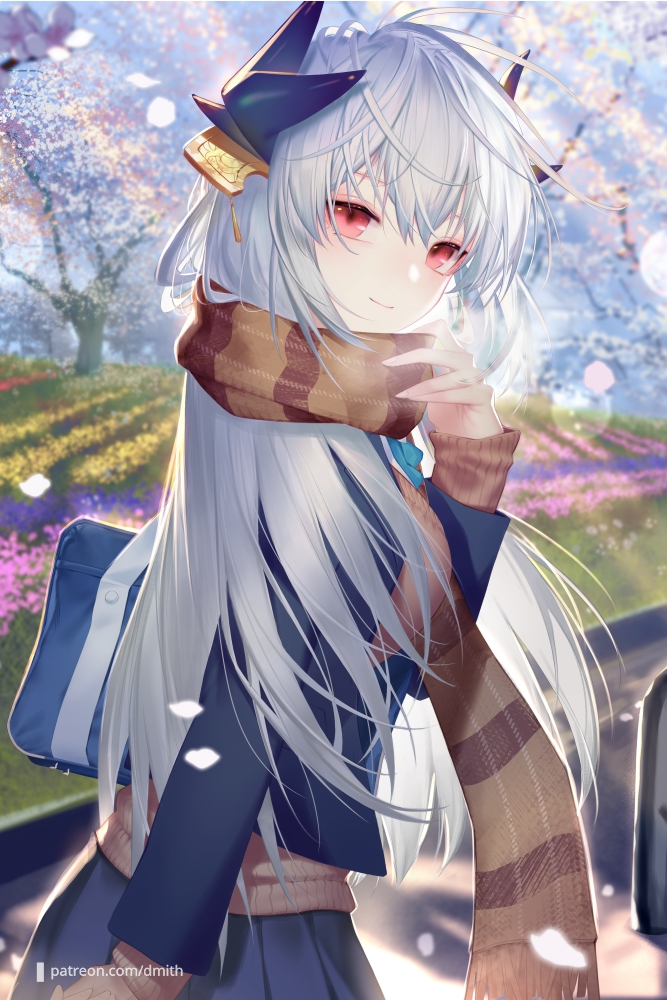 1girl bangs blue_jacket blue_skirt blush breasts contemporary dmith fate/grand_order fate_(series) hair_ornament horns jacket kiyohime_(fate) large_breasts long_hair long_sleeves looking_at_viewer looking_back multiple_horns petals red_eyes scarf school_uniform silver_hair skirt smile tree