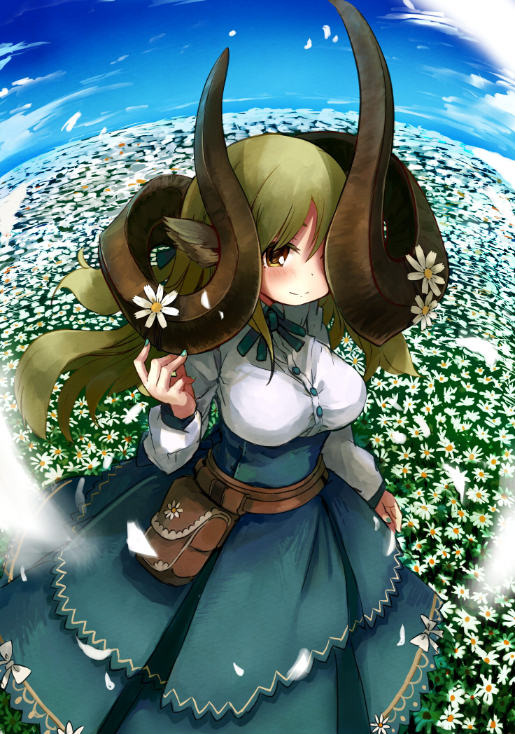 159cm 1girl animal_ears belt belt_pouch blue_nails blue_neckwear blue_ribbon blue_skirt blue_sky blush brown_belt brown_eyes closed_mouth curled_up day field fingernails fisheye flower flower_field gran-chan_(159cm) green_hair hand_up high-waist_skirt horn_flower horns huge_horns long_hair long_sleeves looking_at_viewer nail_polish neck_ribbon one_eye_covered original outdoors pouch ribbon shirt skirt sky smile solo standing white_flower white_shirt
