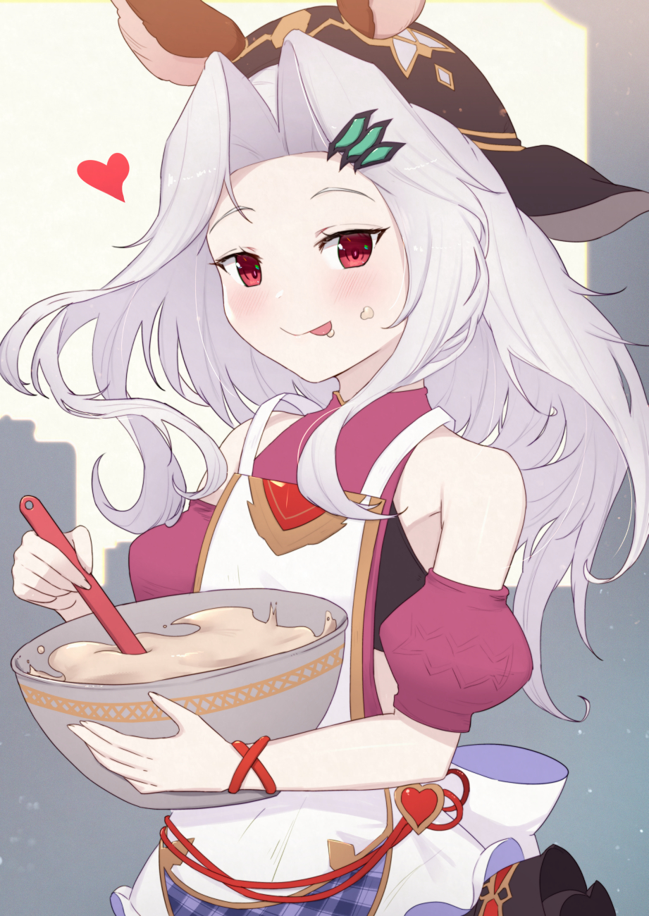 1girl :p animal_ears apron bangs bare_shoulders black_headwear blush bowl closed_mouth commentary_request detached_sleeves ears_through_headwear food food_on_face forehead granblue_fantasy hair_ornament heart highres holding holding_bowl looking_at_viewer mixing_bowl parted_bangs plaid puffy_short_sleeves puffy_sleeves purple_shirt purple_sleeves red_eyes scathacha_(granblue_fantasy) shirt short_sleeves silver_hair sleeveless sleeveless_shirt smile solo tongue tongue_out uneg white_apron