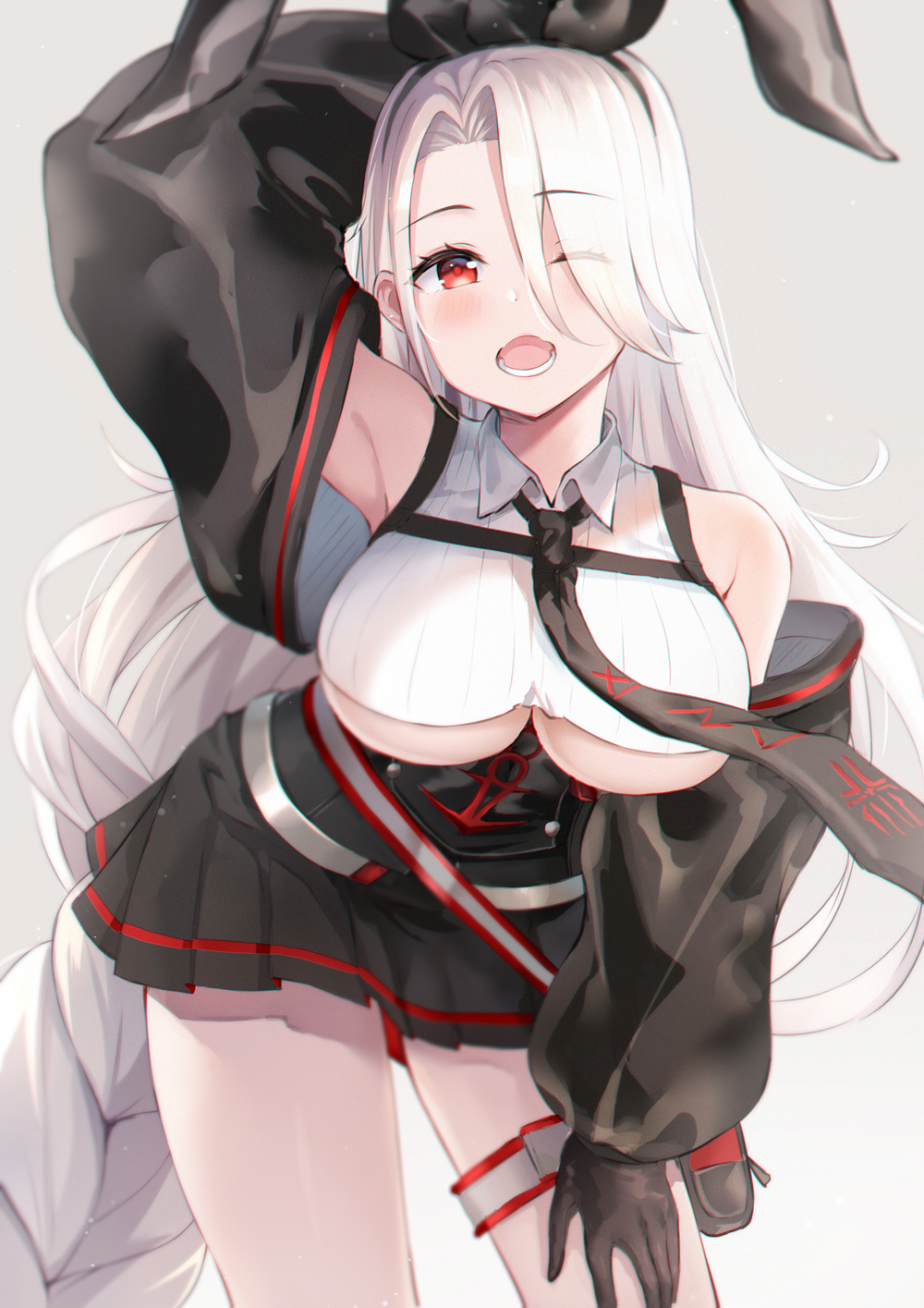 1girl anchor_symbol animal_ears armpits azur_lane bangs bare_shoulders black_skirt breasts collared_shirt crop_top detached_sleeves eric_(tianqijiang) eyebrows_visible_through_hair eyes_visible_through_hair fake_animal_ears grey_background hair_between_eyes hair_over_one_eye hair_ribbon hand_on_thigh highres large_breasts long_hair long_sleeves looking_at_viewer necktie one_eye_closed open_mouth parted_bangs pleated_skirt prinz_heinrich_(azur_lane) rabbit_ears red_eyes ribbon shirt silver_hair simple_background skirt sleeveless sleeveless_shirt solo teeth under_boob very_long_hair white_hair white_shirt