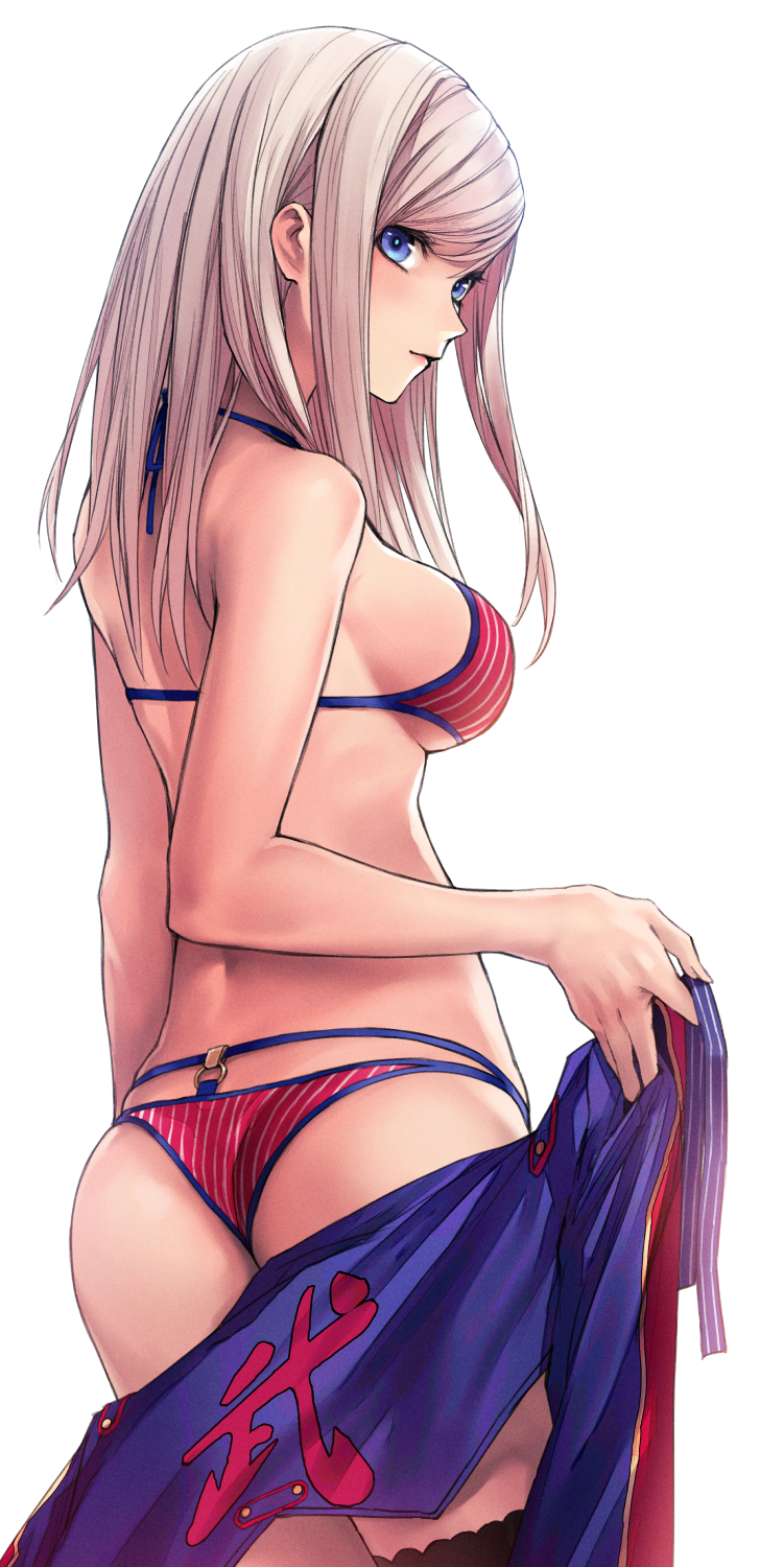 1girl applekun ass bangs bikini black_legwear blue_eyes blue_ribbon breasts closed_mouth cowboy_shot fate/grand_order fate_(series) from_behind hair_down halterneck highres long_hair medium_breasts miyamoto_musashi_(fate) miyamoto_musashi_(swimsuit_berserker)_(fate) multi-strapped_bikini red_bikini ribbon sideboob silver_hair solo standing straight_hair striped swimsuit thigh-highs under_boob vertical-striped_bikini vertical_stripes white_background