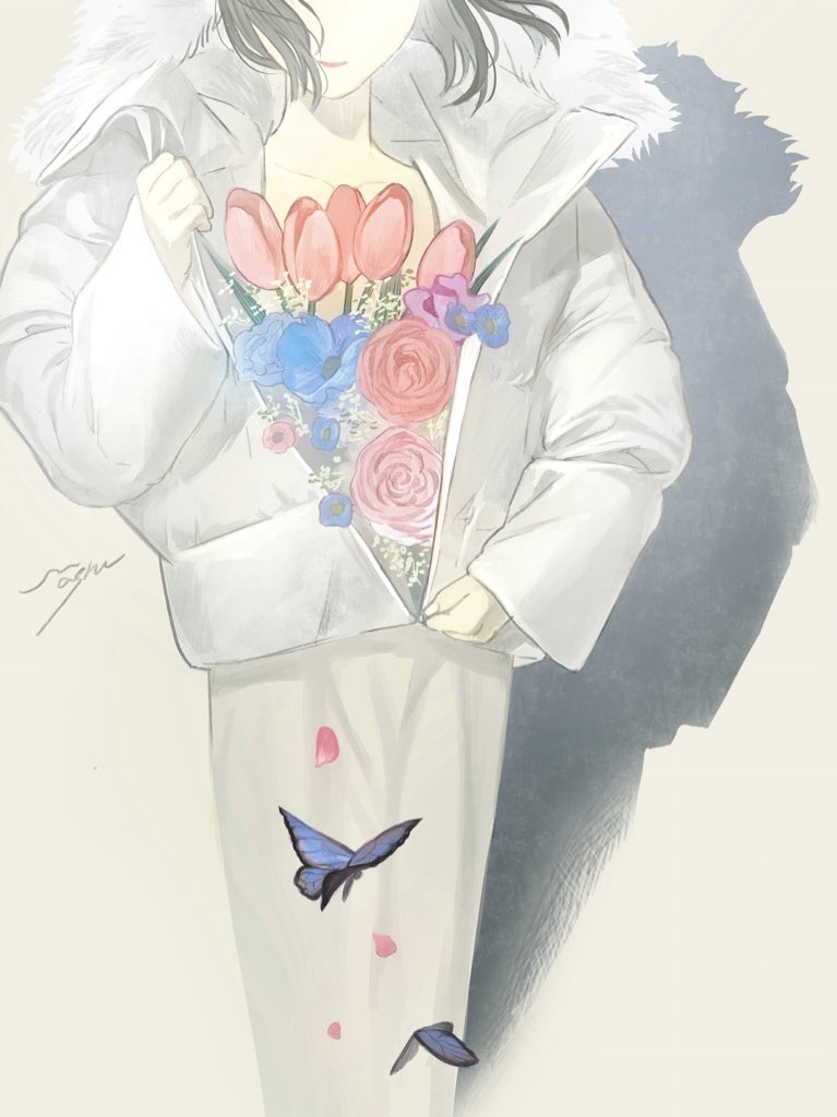 1girl black_hair blue_flower bug butterfly coat dress feet_out_of_frame flower hand_up insect leaf long_sleeves mu_mashu original pink_flower purple_flower shadow short_hair signature solo tulip white_coat white_dress