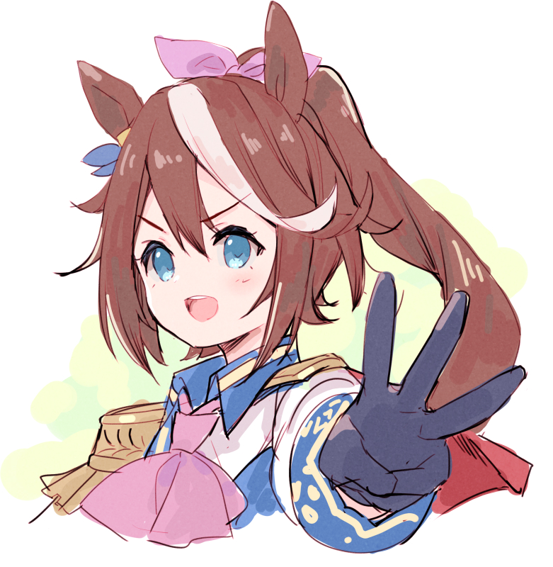 1girl :d animal_ears bangs black_gloves blue_eyes blush brown_hair cropped_torso epaulettes eyebrows_visible_through_hair gloves hair_between_eyes hair_ribbon high_ponytail horse_ears jacket long_hair looking_at_viewer meito_(maze) multicolored_hair one_eye_closed open_mouth outstretched_arm pink_ribbon ponytail ribbon smile solo streaked_hair tokai_teio umamusume upper_body v-shaped_eyebrows w white_hair white_jacket