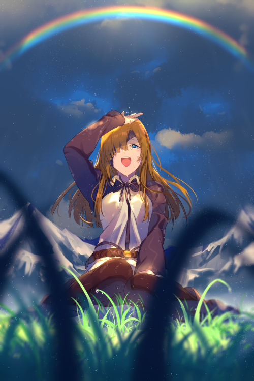 1girl bangs belt black_ribbon blue_eyes brown_legwear cis05 clouds collared_shirt commentary_request crying crying_with_eyes_open eyebrows_visible_through_hair eyepatch fate/grand_order fate_(series) grass jacket long_hair long_sleeves looking_up mountain neck_ribbon open_mouth ophelia_phamrsolone orange_hair outdoors pantyhose rainbow ribbon shirt shrug_(clothing) sitting sky smile solo tears