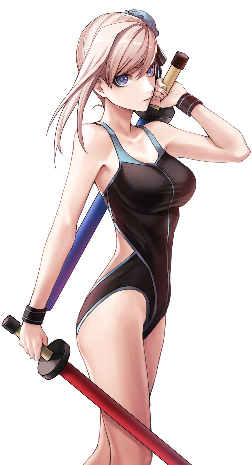 1girl applekun asymmetrical_hair backless_swimsuit black_swimsuit blue_eyes breasts bun_cover closed_mouth collarbone competition_swimsuit dual_wielding fate/grand_order fate_(series) from_side hair_between_eyes highres holding holding_weapon long_hair medium_breasts miyamoto_musashi_(fate) one-piece_swimsuit silver_hair simple_background solo standing swimsuit weapon white_background wristband
