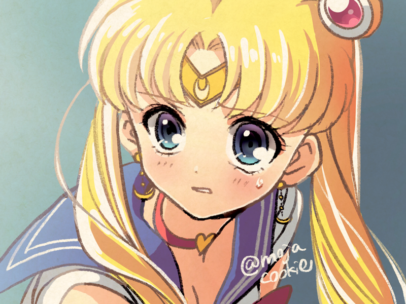 1girl bangs bishoujo_senshi_sailor_moon blue_eyes blue_sailor_collar blush choker crescent crescent_earrings derivative_work diadem earrings hair_over_shoulder heart heart_choker jewelry long_hair mojacookie parted_bangs red_choker sailor_collar sailor_moon sailor_moon_redraw_challenge screencap_redraw solo tsukino_usagi twintails twitter_username upper_body