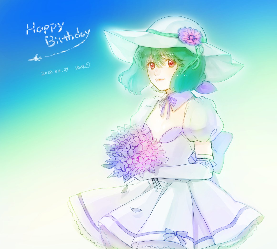 1girl bouquet dated detached_collar dress elbow_gloves flower gloves green_hair happy_birthday hat kimidori_(kimidoriri) looking_at_viewer macross macross_frontier macross_frontier:_sayonara_no_tsubasa ranka_lee red_eyes short_hair solo sun_hat