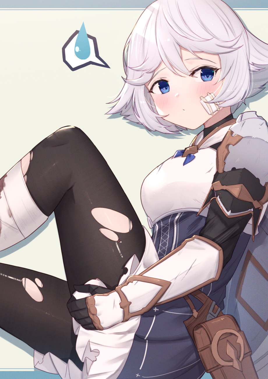 1girl armor bandaged_leg bandages bangs black_gloves black_legwear blue_dress blue_eyes blush breasts closed_mouth commentary_request damaged dress eyebrows_visible_through_hair farrah_(granblue_fantasy) frilled_dress frills gauntlets gloves granblue_fantasy hair_between_eyes hair_flaps highres looking_at_viewer medium_breasts pantyhose pauldrons shoulder_armor solo spoken_sweatdrop sweatdrop torn_clothes torn_legwear uneg white_hair