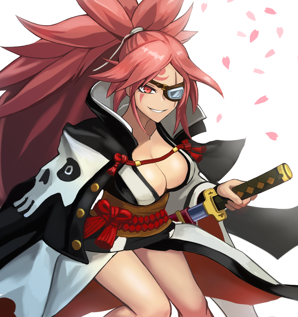 baiken breasts eyepatch guilty_gear holding holding_weapon japanese_clothes kimono large_breasts long_hair pink_eyes pink_hair samurai sunao_(70_the) sword weapon