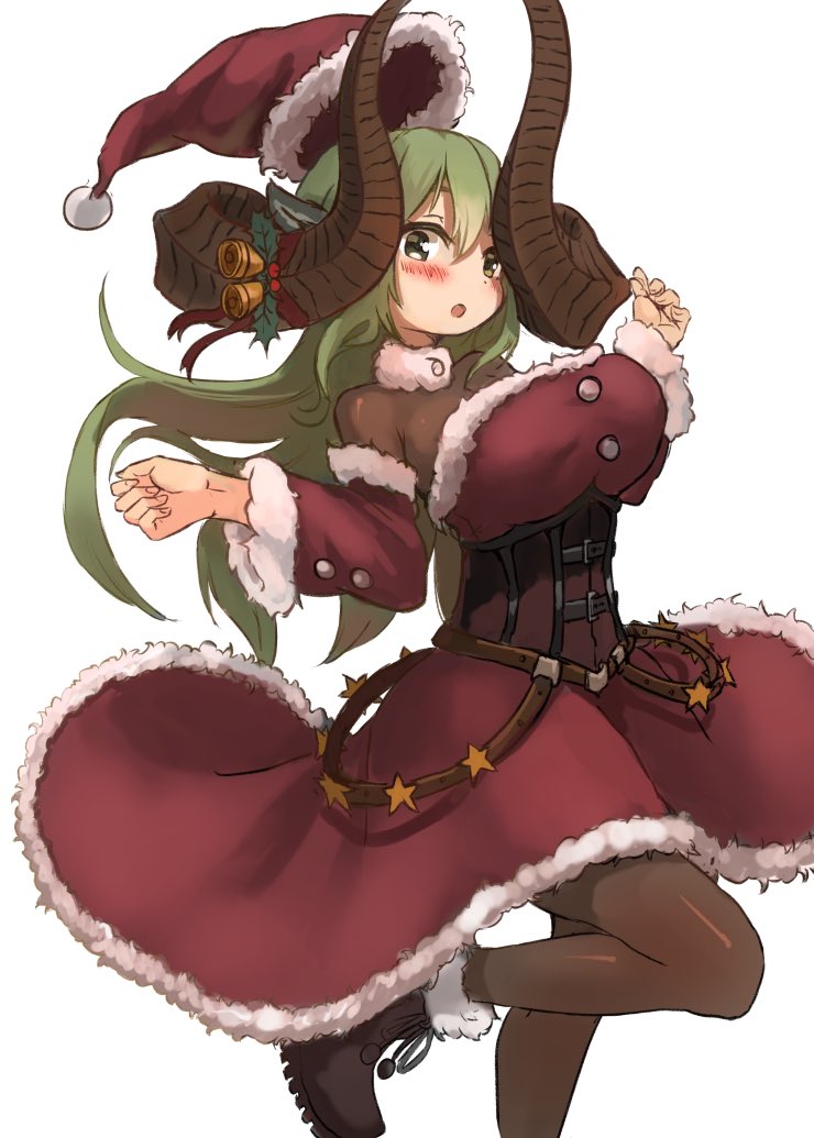 159cm 1girl :o ankle_boots belt blush bodystocking boots breasts brown_belt brown_footwear curled_horns detached_sleeves dot_nose floating_hair fur-trimmed_headwear fur-trimmed_sleeves fur_trim gran-chan_(159cm) green_hair grey_eyes hat heterochromia horn_bell horn_ornament horn_ribbon horns large_breasts long_sleeves looking_at_viewer original parted_lips red_headwear red_ribbon ribbon santa_costume santa_dress santa_hat simple_background solo standing standing_on_one_leg white_background yellow_eyes