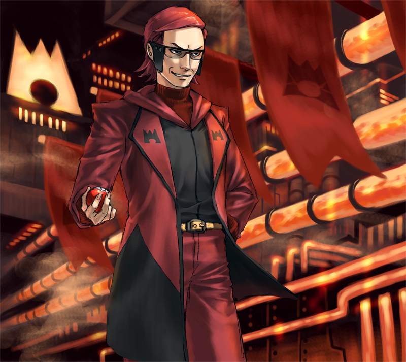 1boy belt coat commentary_request glasses holding holding_poke_ball male_focus maxie_(pokemon) open_clothes open_coat orange_hair pants parted_lips pipes poke_ball poke_ball_(basic) pokemon pokemon_(game) pokemon_oras red_pants smile solo team_magma ukima