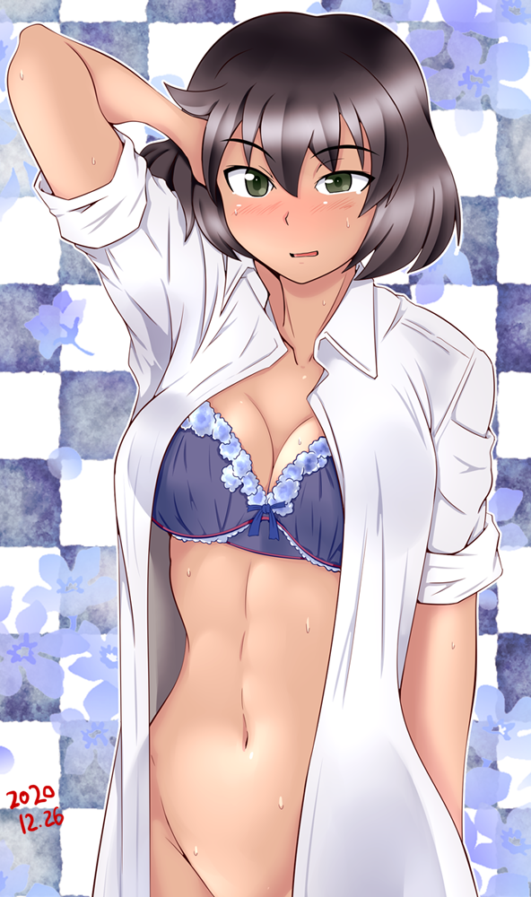 1girl arm_up bangs blue_bra blush bob_cut bow bow_bra bra brown_hair checkered checkered_background commentary dark_skin dated dress_shirt eyebrows_visible_through_hair floral_background girls_und_panzer green_eyes groin hand_in_hair hoshino_(girls_und_panzer) looking_at_viewer medium_hair navel open_clothes open_mouth open_shirt shirt short_hair short_sleeves sleeves_rolled_up smile solo standing sweat tanaka_rikimaru underwear upper_body white_shirt wing_collar