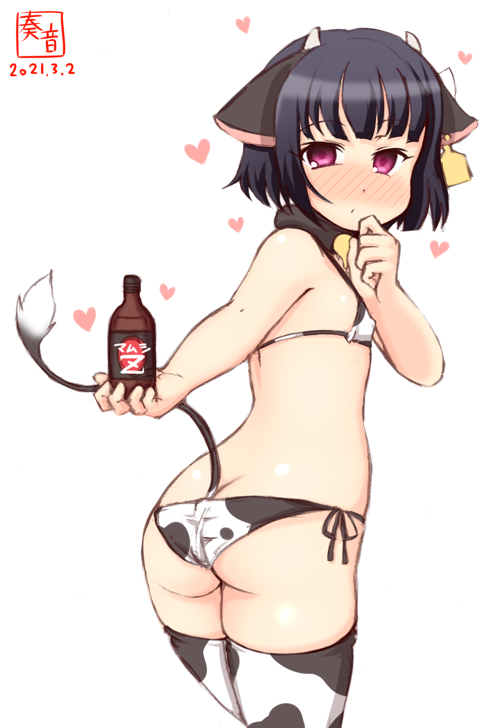 alternate_costume animal_ears animal_print artist_logo ass black_hair blush bottle commentary_request cow_ears cow_horns cow_print cow_tail cowboy_shot dated ear_tag fake_animal_ears fake_horns from_behind highres horns ishigaki_(kancolle) kanon_(kurogane_knights) kantai_collection looking_at_viewer looking_back nose_blush short_hair simple_background standing tail thigh-highs violet_eyes white_background white_legwear
