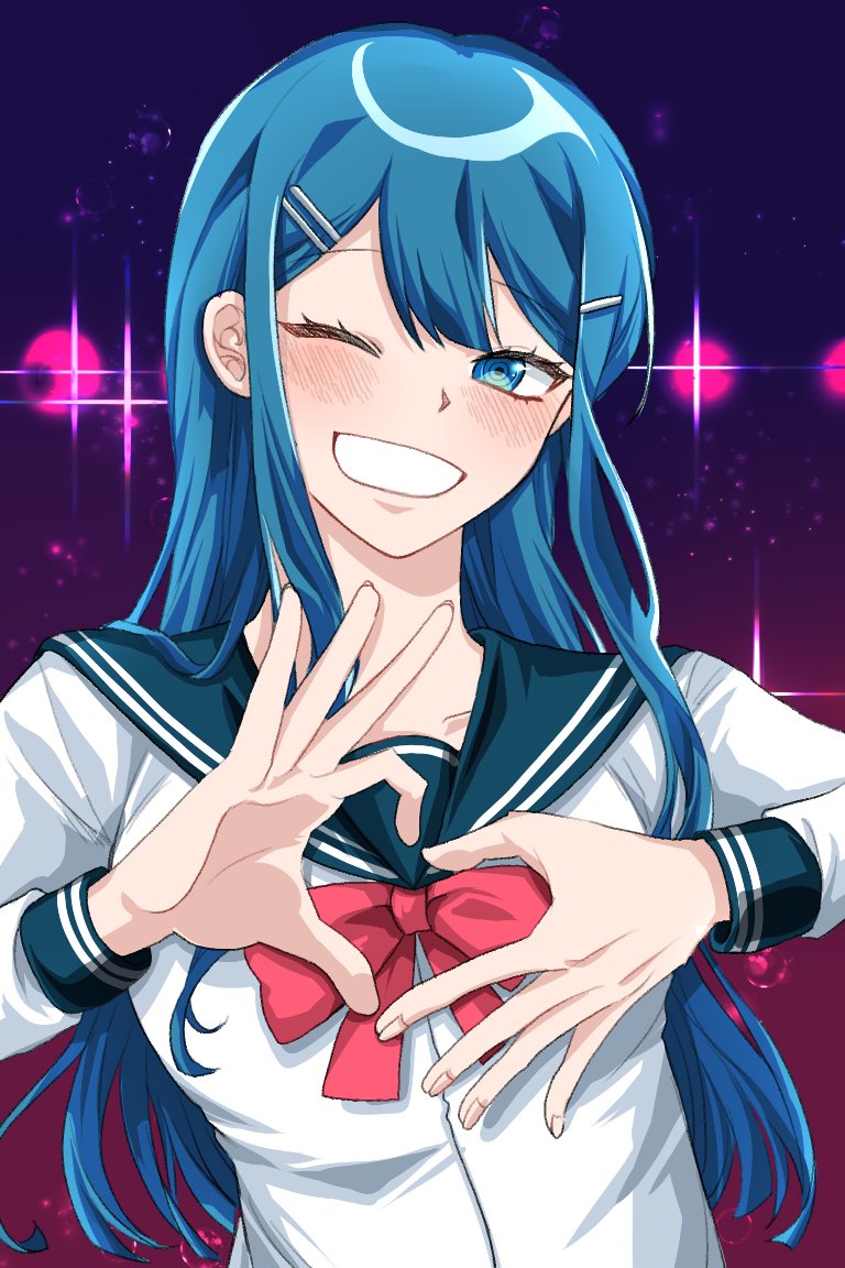 1girl bangs blue_eyes blue_hair blush bow collarbone commentary_request dangan_ronpa:_trigger_happy_havoc dangan_ronpa_(series) grin hair_ornament hairclip heart heart_hands long_hair long_sleeves looking_at_viewer maizono_sayaka motocho_(hyang_new) multicolored multicolored_background one_eye_closed pink_background purple_background red_bow sailor_collar school_uniform serafuku shiny shiny_hair shirt smile solo upper_body white_shirt