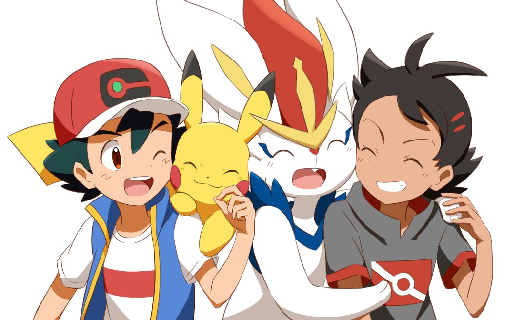 2boys ash_ketchum bangs baseball_cap blue_jacket brown_eyes cinderace closed_eyes commentary_request eyelashes gen_1_pokemon gen_8_pokemon goh_(pokemon) green_hair grin haruhi_(xy161027z) hat jacket male_focus multiple_boys one_eye_closed open_mouth pikachu pokemon pokemon_(anime) pokemon_(creature) pokemon_swsh_(anime) shirt short_hair short_sleeves simple_background sleeveless sleeveless_jacket smile t-shirt teeth tongue white_background white_shirt