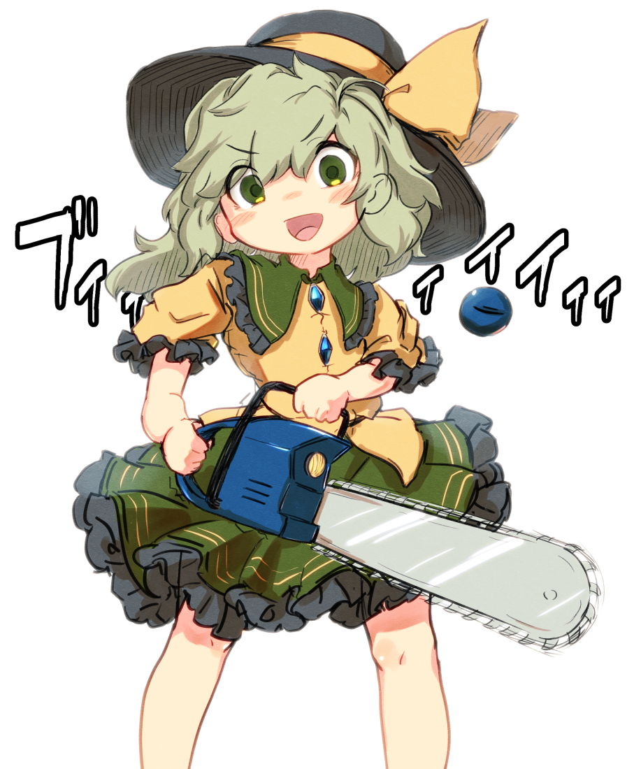 1girl :d bangs blush_stickers chainsaw commentary_request eyebrows_visible_through_hair feet_out_of_frame green_eyes holding holding_chainsaw komeiji_koishi looking_at_viewer open_mouth smile solo standing touhou uisu_(noguchipint) v-shaped_eyebrows