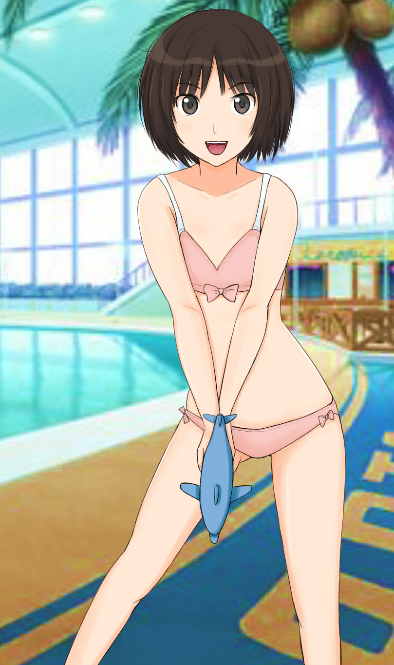 1girl :d amagami bangs bikini blurry blurry_background bob_cut bow bow_bikini brown_eyes brown_hair coconut collarbone commentary feet_out_of_frame flat_chest hair_strand highres holding holding_water_gun indoors looking_at_viewer open_mouth palm_tree pink_bikini pink_bow pool short_hair smile solo standing swimsuit tachibana_miya takemi_kaoru tree two-handed v_arms water_gun window