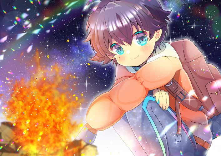 1boy backpack bag bangs black_hair blue_eyes blue_pants blush campfire closed_mouth colored_eyelashes eyebrows_visible_through_hair fang fang_out fire hair_between_eyes indie_virtual_youtuber jacket knees_up kouu_hiyoyo long_sleeves looking_at_viewer male_focus mole mole_under_eye night night_sky orange_jacket outdoors pants short_eyebrows sky smile solo squatting star_(sky) starry_sky tazzle thick_eyebrows virtual_youtuber