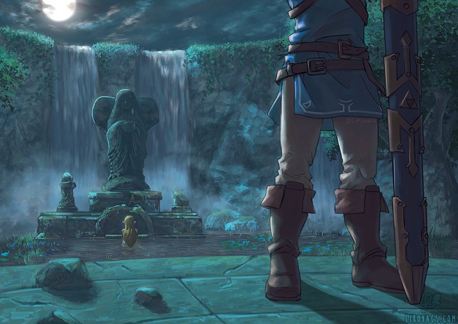 1boy artist_name beige_pants blue_shirt boots brown_footwear clouds english_commentary flower forest grass head_out_of_frame in_water likovacs master_sword moon nature night outdoors pants princess_zelda scenery shirt sky standing statue the_legend_of_zelda the_legend_of_zelda:_breath_of_the_wild tree tunic water waterfall watermark weapon web_address