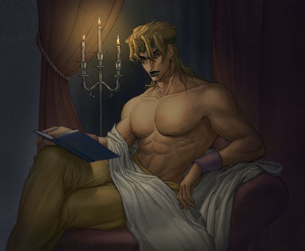 1boy abs armband bare_pecs blonde_hair book candle candlestand collarbone crossed_legs curtains dio_brando earrings fire green_lips headband heart holding holding_book jewelry jojo_no_kimyou_na_bouken looking_at_viewer makeup male_focus muscular muscular_male nipples open_book scar_on_neck shirtless solo stardust_crusaders ye_(ye79132751) yellow_eyes