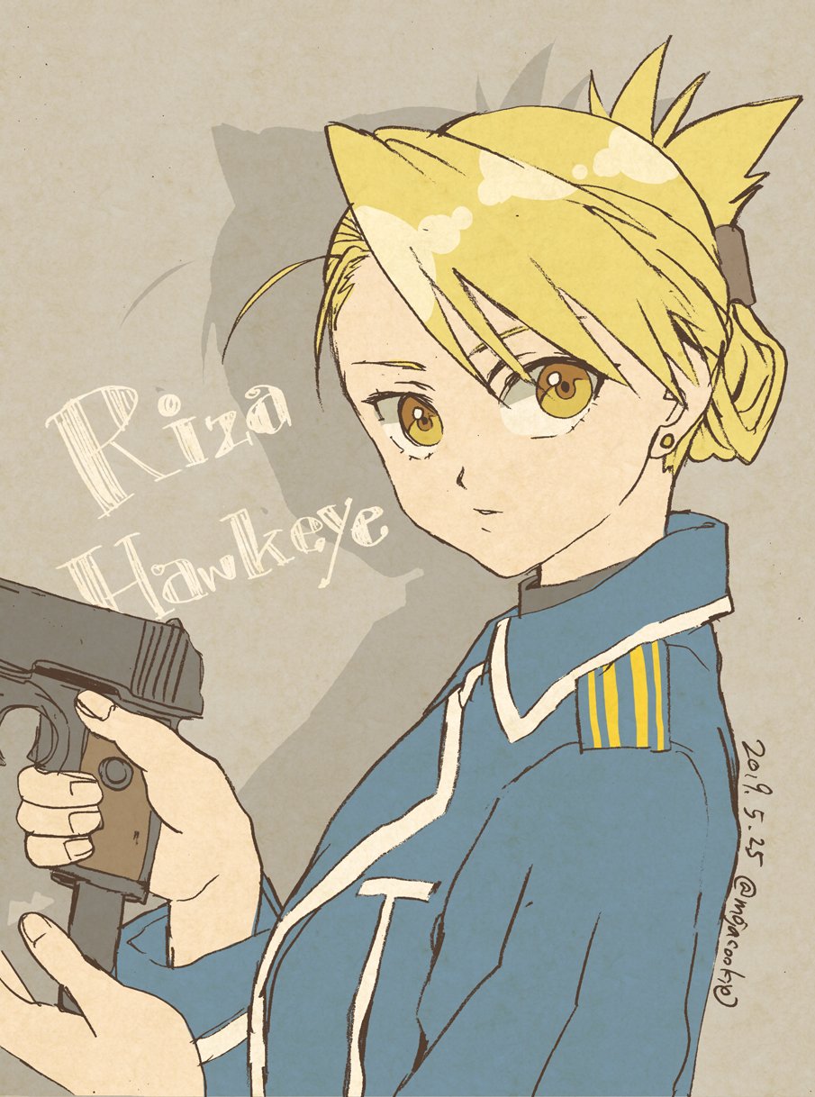 1girl amestris_military_uniform blonde_hair character_name dated earrings folded_ponytail from_side fullmetal_alchemist gun highres holding holding_gun holding_weapon jewelry mojacookie riza_hawkeye shadow solo twitter_username upper_body weapon yellow_eyes