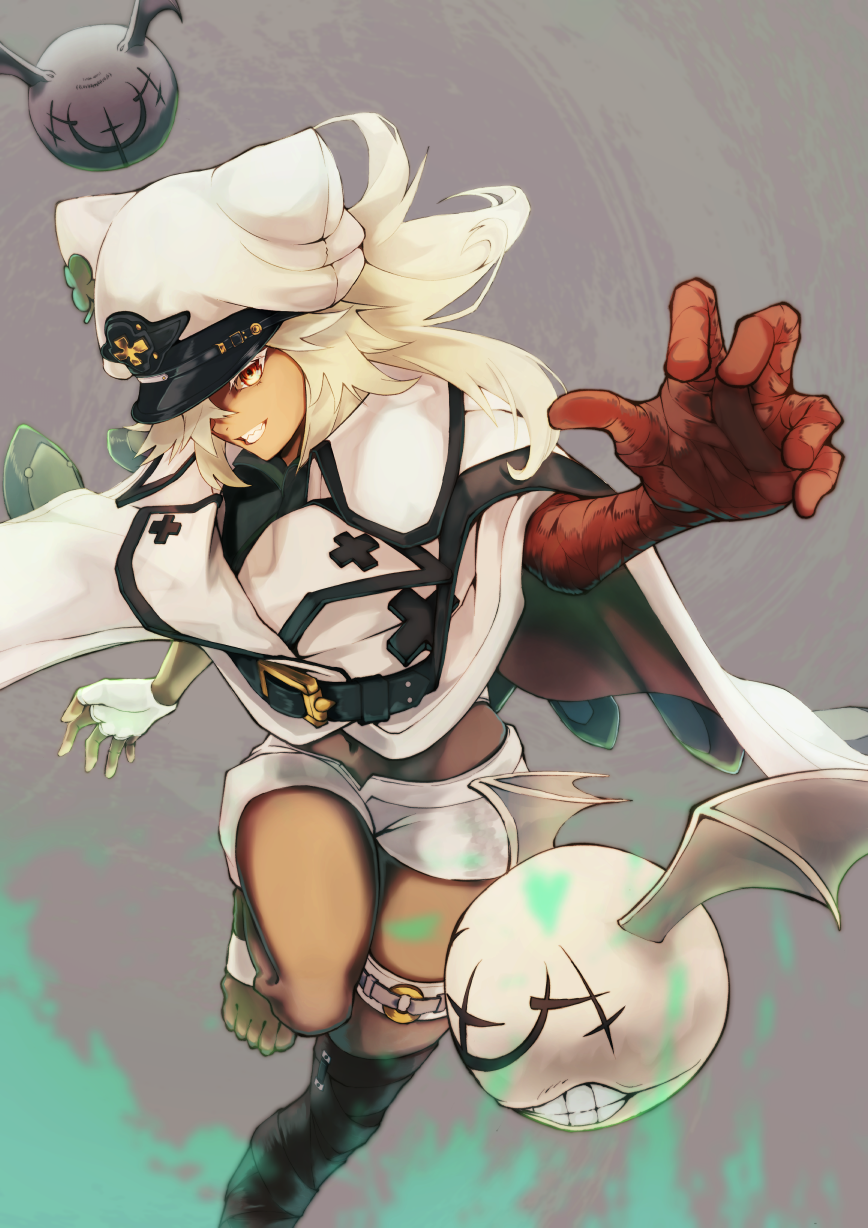 1girl barefoot belt_buckle blonde_hair buckle clover dark_skin dark-skinned_female four-leaf_clover gloves guilty_gear guilty_gear_strive hat highres looking_at_viewer lucifero midriff online_neet ramlethal_valentine running simple_background thigh_strap white_headwear