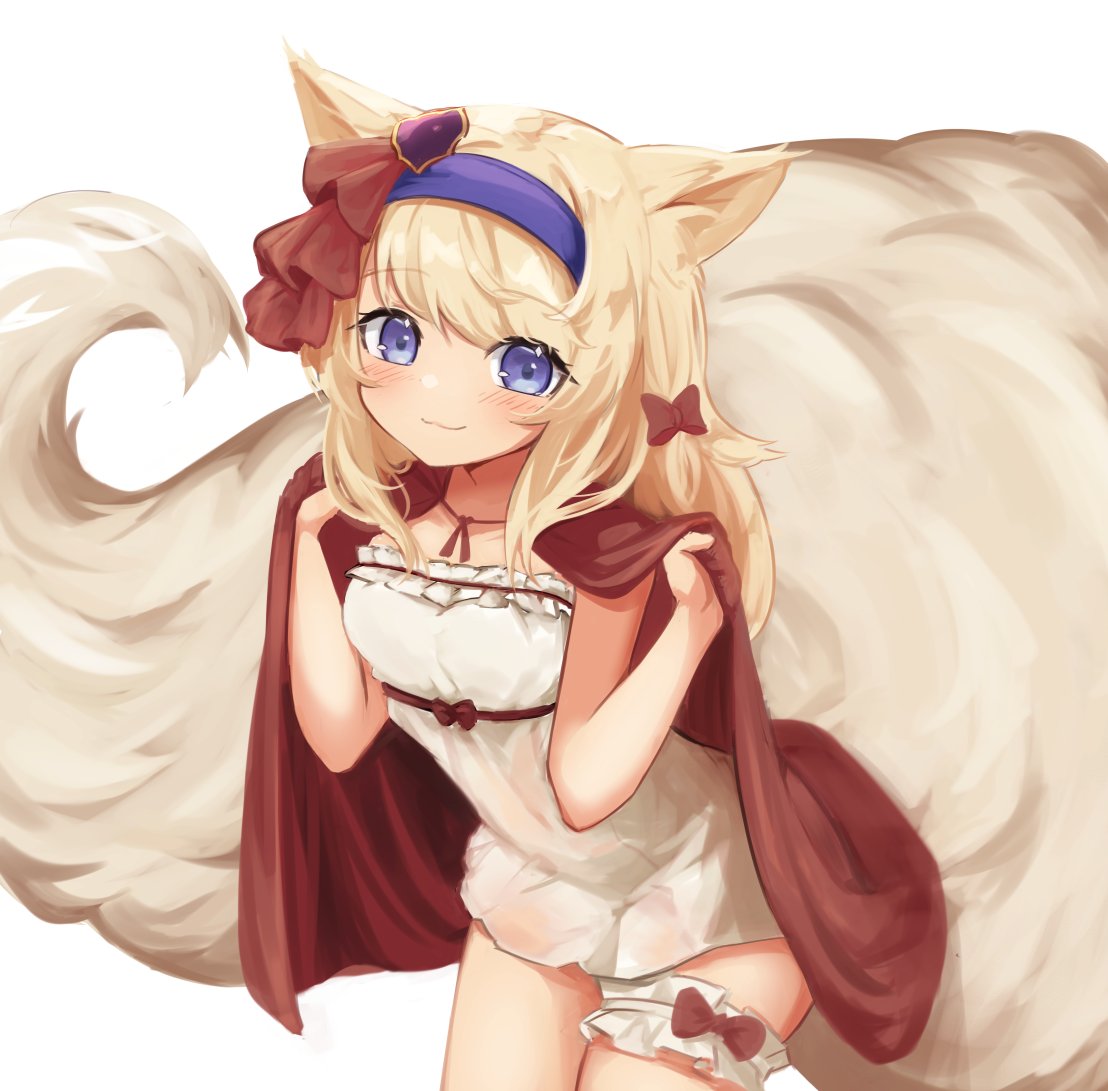 1girl :3 animal_ears blonde_hair blush bow cape closed_mouth commentary commission cowboy_shot dress english_commentary fox_ears fox_tail hair_bow hairband hands_up klaius large_tail long_hair looking_at_viewer original purple_hairband red_bow red_cape short_dress simple_background smile solo tail thigh_strap violet_eyes white_background white_dress