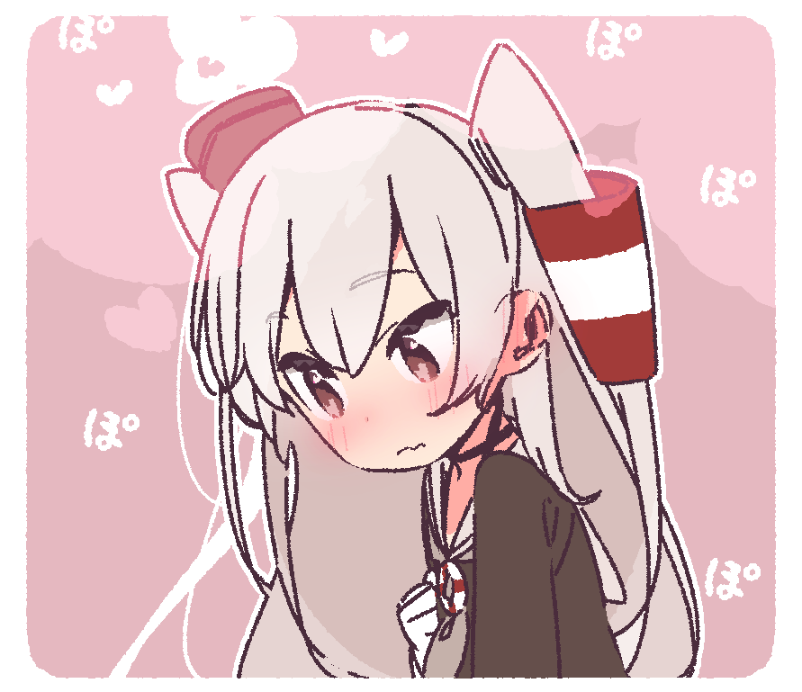 1girl amatsukaze_(kancolle) brown_dress commentary_request dress gloves grey_neckwear grey_sailor_collar hair_tubes hat heart heart-shaped_pupils kantai_collection lifebuoy_ornament long_hair looking_down mini_hat neckerchief pink_background sailor_collar sailor_dress silver_hair smokestack_hair_ornament solo steam symbol-shaped_pupils two_side_up upper_body white_gloves windsock yoru_nai