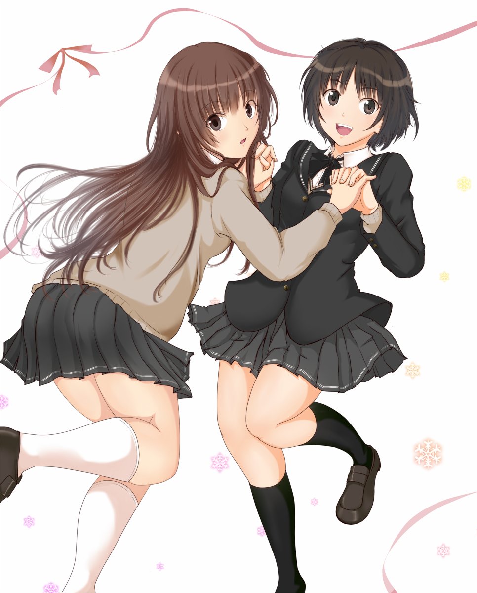 2girls :d amagami black_hair black_jacket black_legwear black_neckwear black_skirt blazer bow bowtie brown_eyes brown_footwear brown_hair brown_sweater commentary face-to-face hair_strand highres holding_hands interlocked_fingers jacket kakki28469387 kamizaki_risa kibito_high_school_uniform kneehighs leg_up loafers long_hair looking_at_viewer looking_back multiple_girls open_mouth parted_lips pink_bow pink_ribbon pleated_skirt raised_eyebrows ribbon school_uniform shoes short_hair skirt smile snowflakes sweater tachibana_miya upper_teeth very_long_hair white_background white_legwear