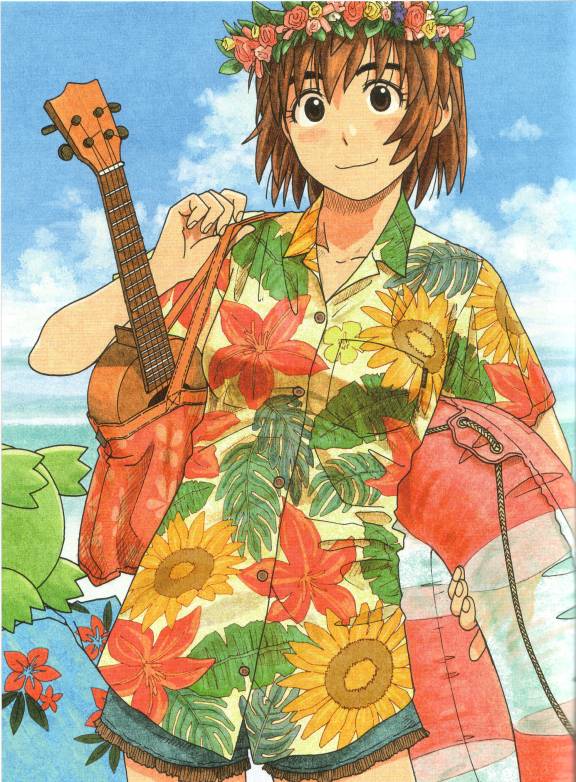 2girls adjusting_strap ayase_fuuka azuma_kiyohiko bag bangs beach blue_shirt blue_shorts bob_cut brown_eyes brown_hair clouds collarbone cowboy_shot floral_print flower green_hair hair_between_eyes hand_on_own_shoulder hawaiian_shirt head_out_of_frame head_wreath holding holding_bag holding_innertube holding_instrument innertube instrument koiwai_yotsuba leaf_print light_blush looking_at_viewer multiple_girls ocean official_art quad_tails scan shirt short_hair short_shorts short_sleeves shorts smile solo_focus thick_eyebrows thigh_gap tote_bag ukulele yellow_shirt yotsubato!