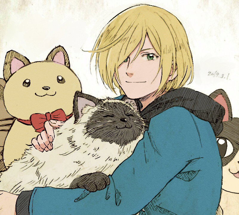 1boy blonde_hair cat dated green_eyes hair_over_one_eye hood hooded_jacket jacket male_focus puma_tiger_scorpion smile stuffed_animal stuffed_cat stuffed_toy takeshi_(mononohu20) yuri!!!_on_ice yuri_plisetsky