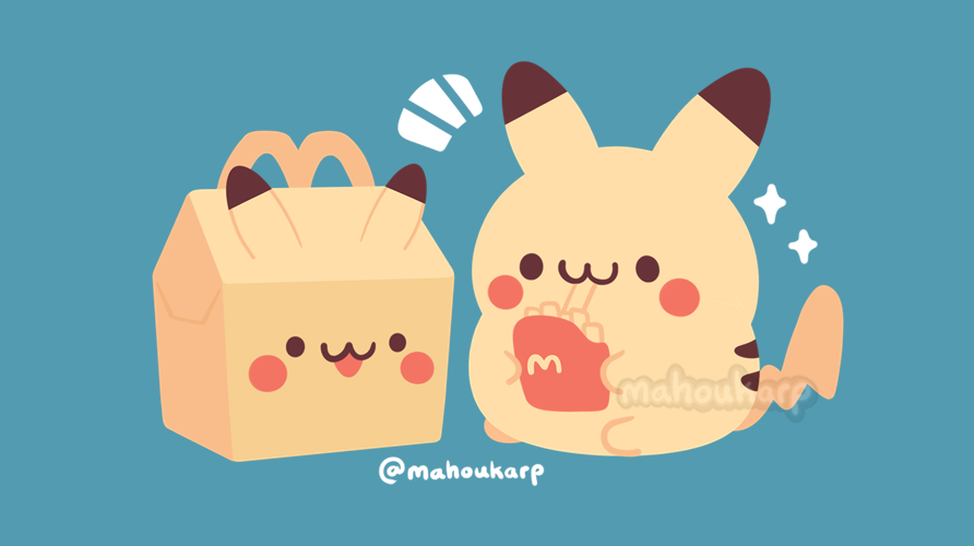 :3 artist_name box commentary eating food french_fries gen_1_pokemon green_background holding mahoukarp mcdonald's mouth_hold no_humans pikachu pokemon pokemon_(creature) simple_background sitting smile sparkle