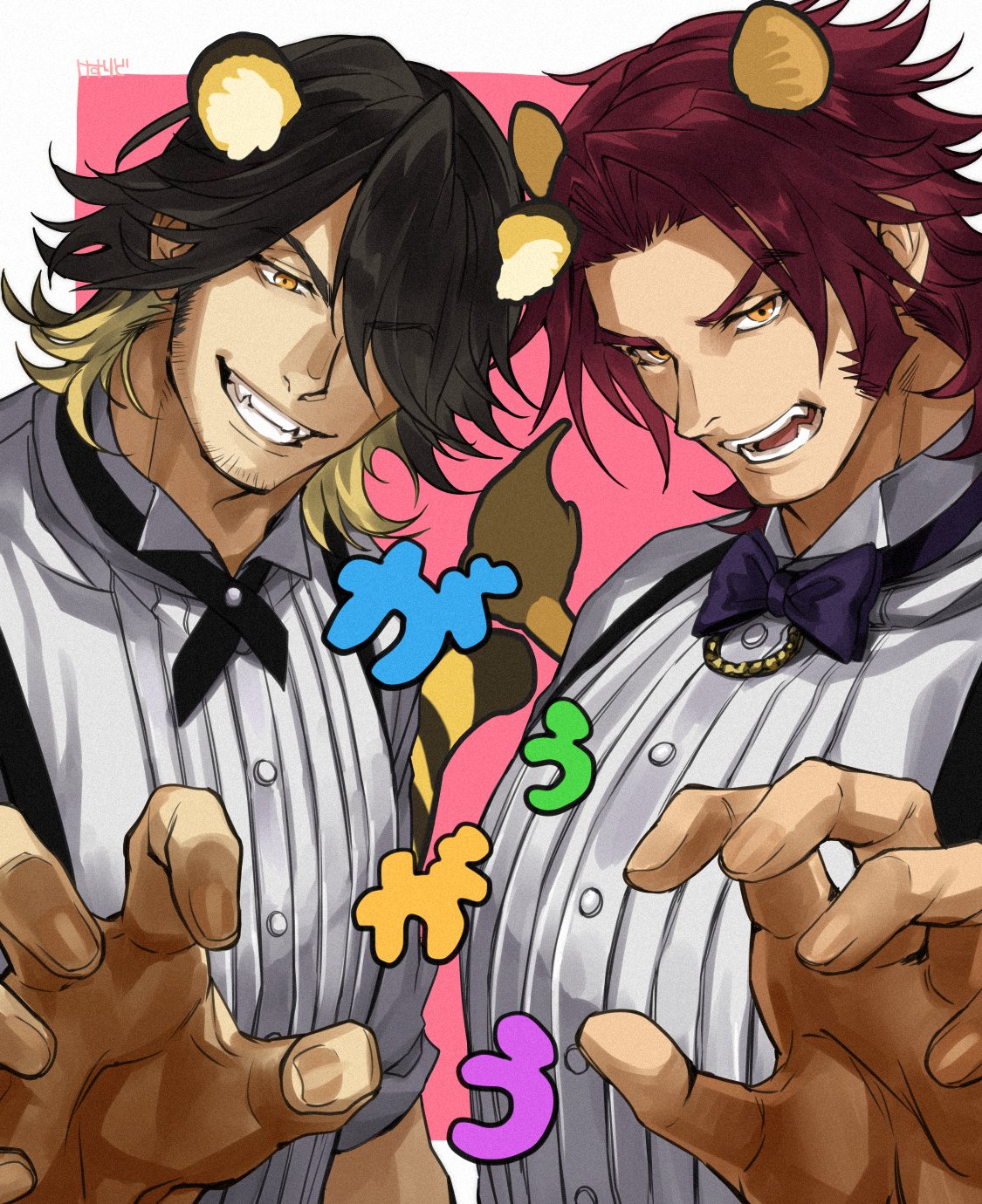 2boys alternate_costume animal_ears bow bowtie claw_pose formal highres kemonomimi_mode kesurido large_pectorals lion_boy lion_ears lion_tail long_sideburns male_focus mature_male multiple_boys muscular muscular_male nagasone_kotetsu redhead short_hair sideburns smile tail tiger_boy tiger_ears tiger_tail tonbokiri_(touken_ranbu) touken_ranbu upper_body yellow_eyes