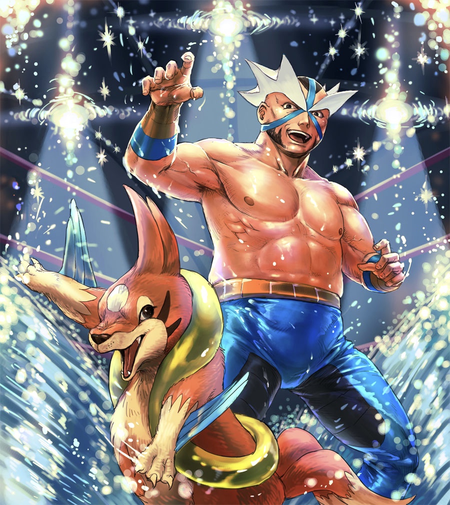 1boy abs blue_legwear commentary_request crasher_wake facial_hair floatzel from_below gen_4_pokemon gym_leader leggings looking_at_viewer male_focus mask open_mouth pokemon pokemon_(creature) pokemon_(game) pokemon_dppt shirtless smile teeth tongue ukima water