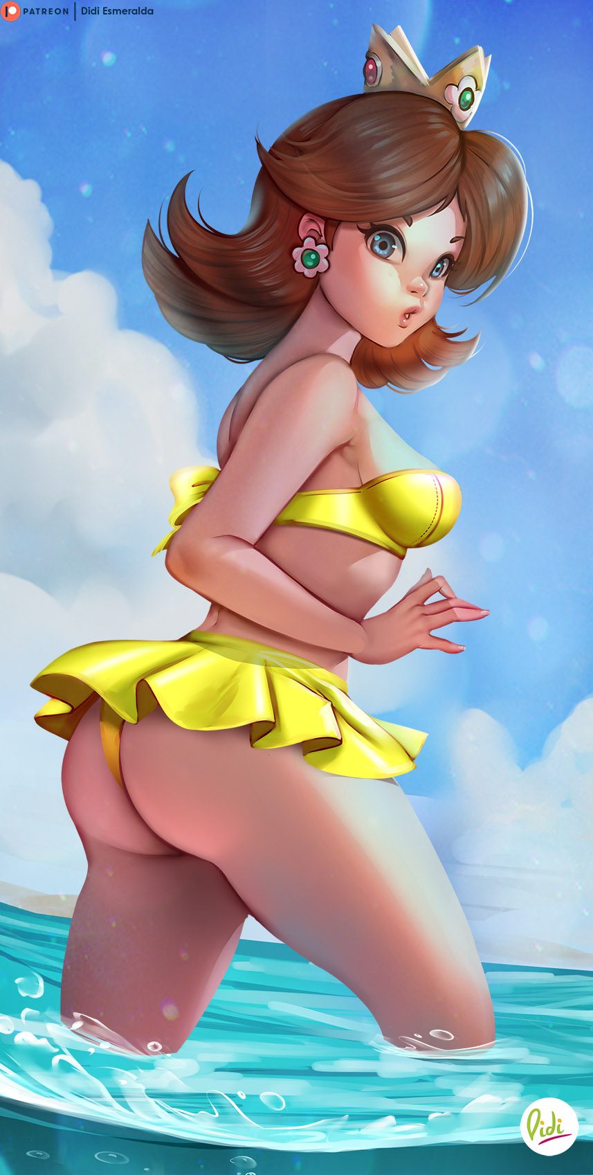 1girl artist_name ass bangs bare_shoulders bikini bikini_skirt blonde_hair blue_eyes blue_sky breasts brown_hair clouds commentary crown day didi_esmeralda earrings english_commentary flipped_hair flower_earrings from_side highres jewelry lips long_hair looking_at_viewer super_mario_bros. medium_breasts nostrils ocean outdoors parted_bangs parted_hair parted_lips patreon_logo patreon_username pink_lips princess_daisy reward_available signature sky solo standing strapless super_mario_land swimsuit symbol_commentary wading water watermark web_address yellow_bikini