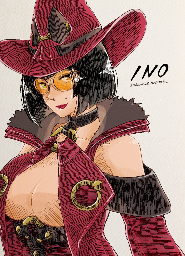 1girl black_hair choker guilty_gear hat i-no o-ring o-ring_top portrait red_headwear short_hair solo_focus sunglasses witch_hat