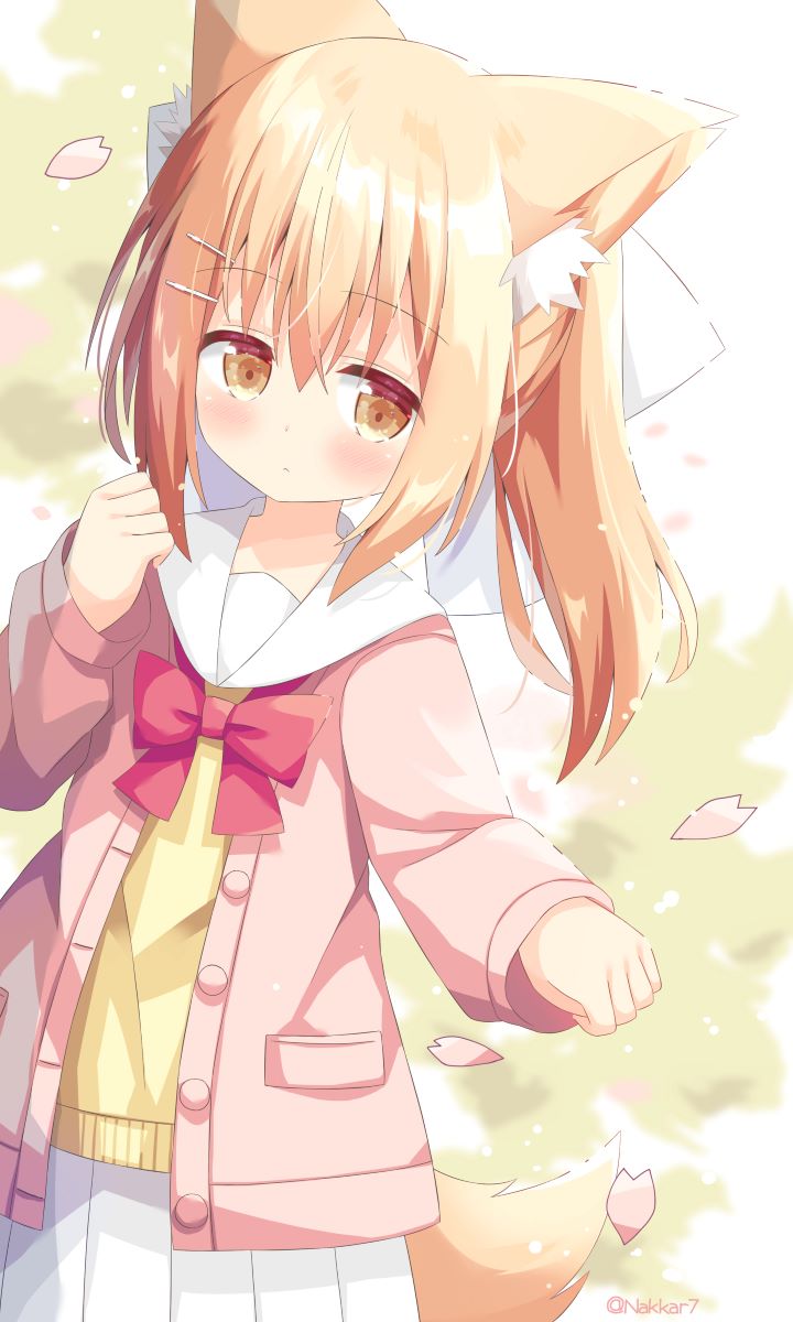 1girl animal_ear_fluff animal_ears bangs blush bow brown_eyes closed_mouth commentary_request eyebrows_visible_through_hair hair_between_eyes hair_bow hand_up highres jacket light_brown_hair long_hair long_sleeves looking_at_viewer miike-chan nakkar open_clothes open_jacket original petals pink_jacket pleated_skirt ponytail red_bow sailor_collar shirt skirt sleeves_past_wrists solo white_bow white_sailor_collar white_skirt yellow_shirt