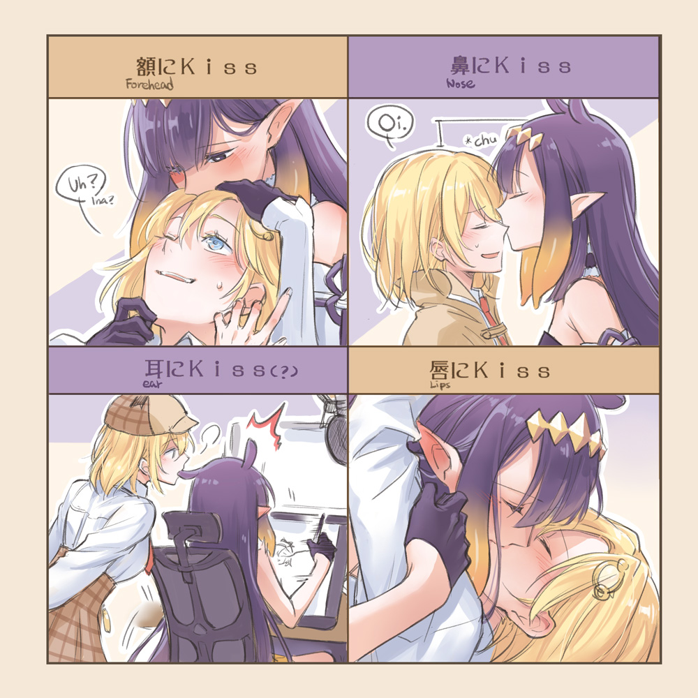 bangs blonde_hair blue_eyes cheek_kiss drawing_tablet forehead_kiss hair_ornament hololive hololive_english kiss long_hair monocle_hair_ornament multiple_girls ninomae_ina'nis pointy_ears purple_hair shirt smile tentacle_hair tentacles virtual_youtuber watson_amelia yohchi yuri