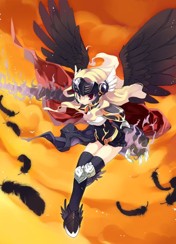 1girl angel_wings black_dress black_legwear black_wings blonde_hair cape claw_(weapon) closed_mouth commentary_request dress feathered_wings flying full_body holding holding_lance holding_polearm holding_weapon ikusabe_lu kneehighs lance long_hair looking_at_viewer lowres orange_sky polearm ragnarok_online red_cape red_eyes sky solo sunset valkyrie valkyrie_randgris visor_(armor) weapon wings