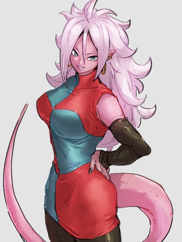 1girl android_21 black_nails blue_eyes breasts checkered checkered_dress colored_skin dragon_ball dragon_ball_fighterz dress earrings fingernails grey_background hair_between_eyes hand_on_hip hoop_earrings jewelry kemachiku long_hair looking_at_viewer majin_android_21 medium_breasts nail_polish pink_hair pink_skin pointy_ears simple_background smile solo tail